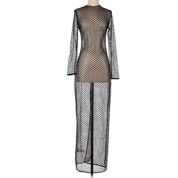 NWT House of CB Black Crystal Fishnet Maxi Dress - Picture 2 of 13